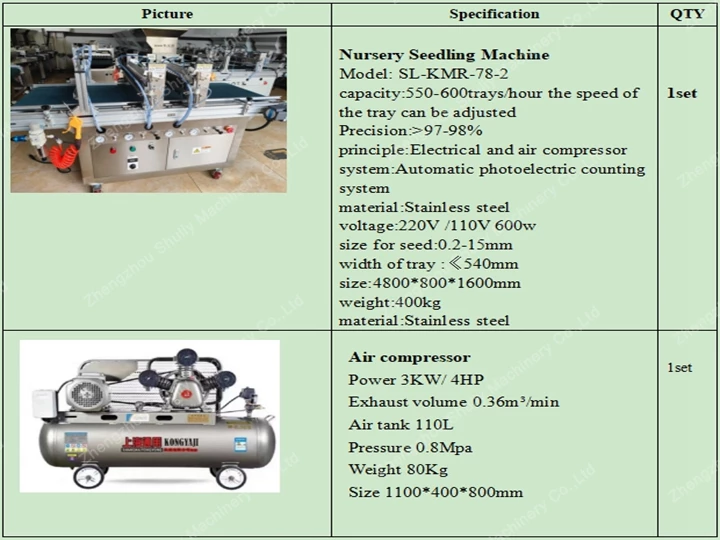 tray seedling machine parameters